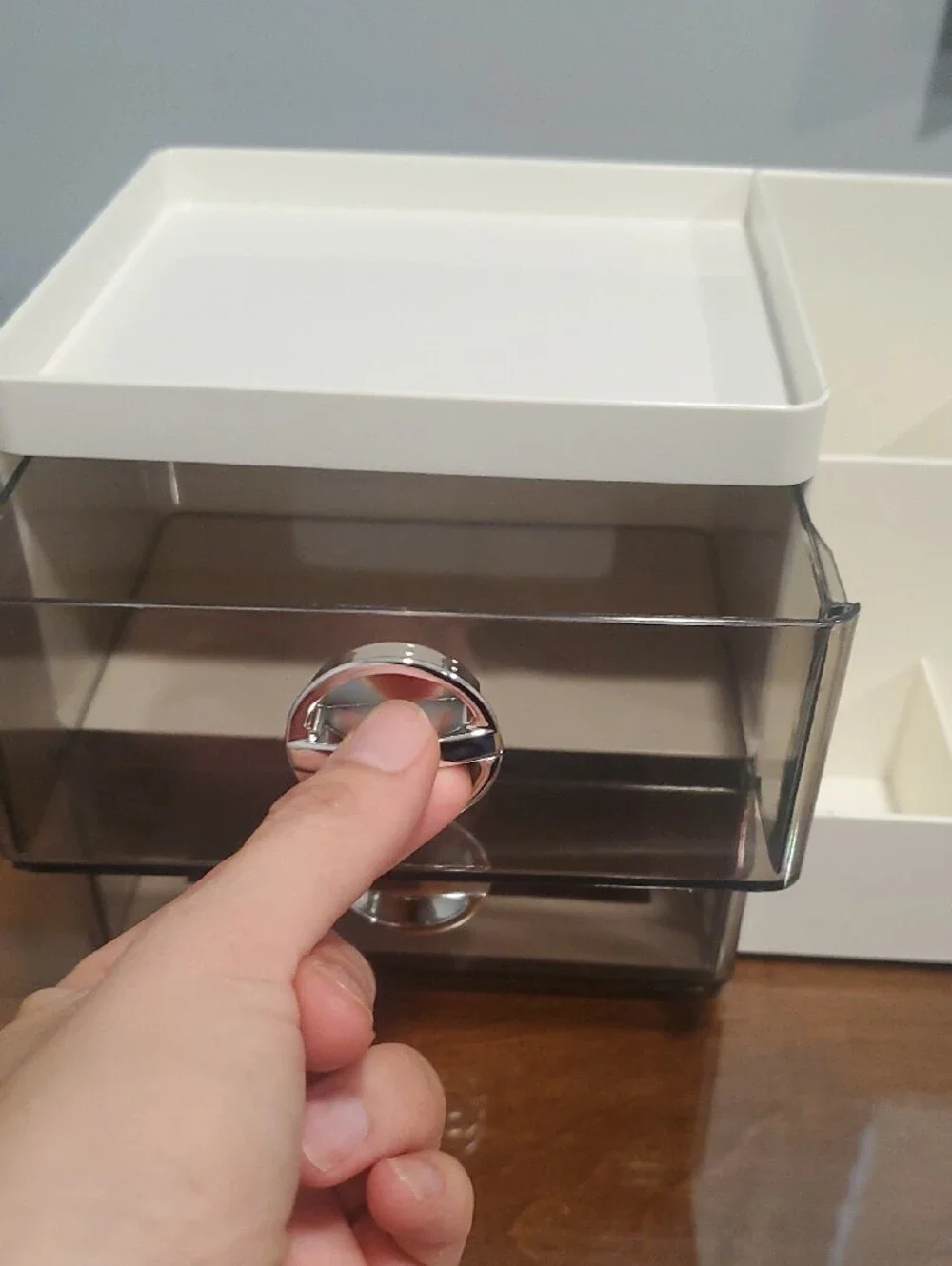 White Makeup Organizer with Smoke Drawers and Divided Compartments